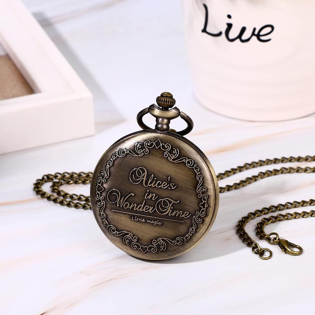 Pocket Watch Alice Cute Skeleton Antique Roman Analog Waterproof with Lid Pendant Watch Pocket Watch Ladies Necklace Retro Fashion Accessory Birthday