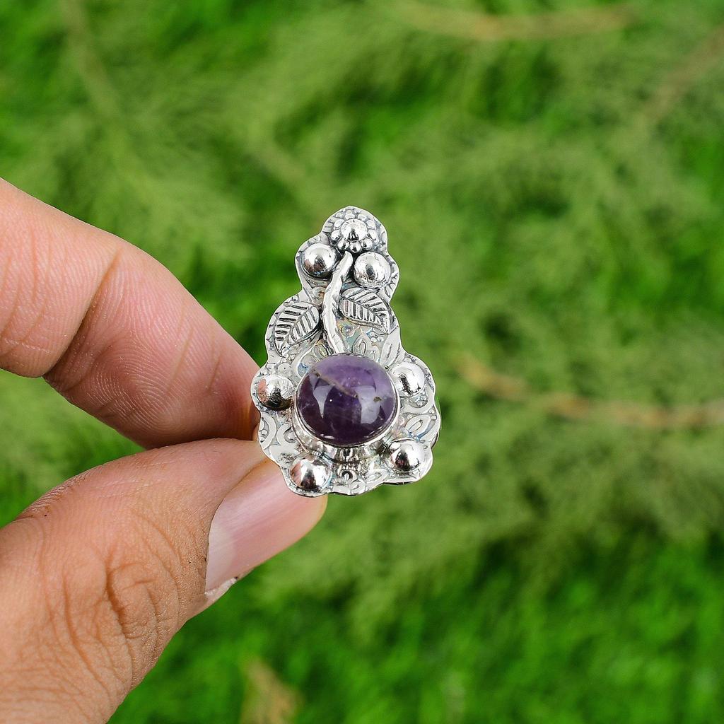 925 Sterling Silver Natural African Amethyst Sister Stackable Trendy Flower Ring