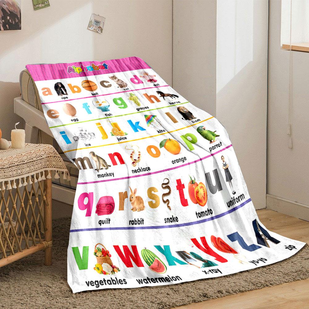 Alphabet letters paired with corresponding objects and images. for all seasons blanket lunch break throw gift