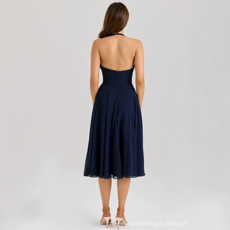House Style French Vintage Halter V-Neck Sexy Backless Chiffon Maxi Dress Women