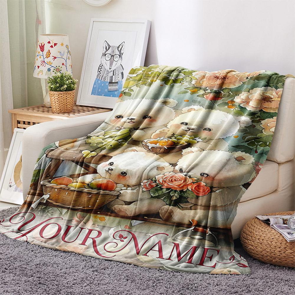 1PC Custom Name Floral Bears Harvest Patterned Flannel Blanket Suitable For All Seasons for Home Decor Warmth and Comfort Gifts Holiday Present_lx