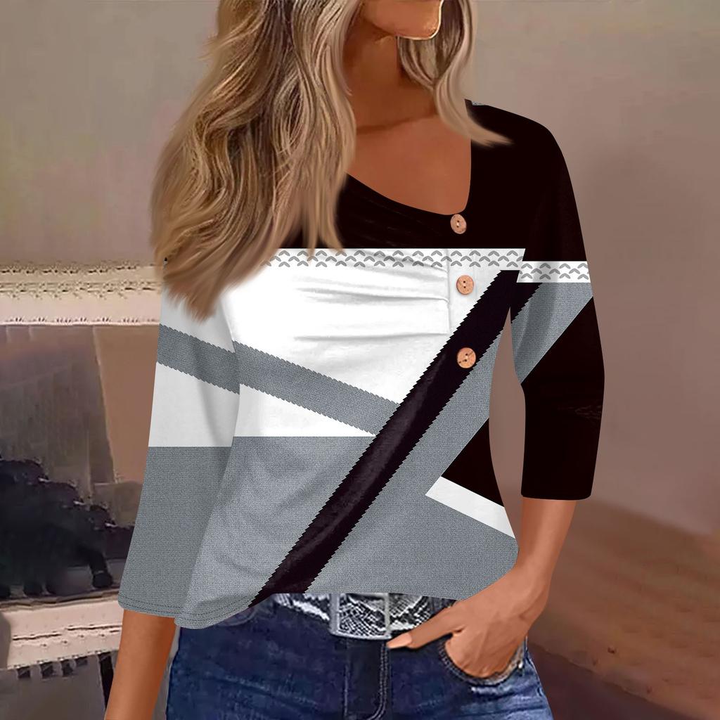 Women's T Shirt Tee Print Button 3/4 Sleeve Daily Weekend Fashion Basic Regular Top