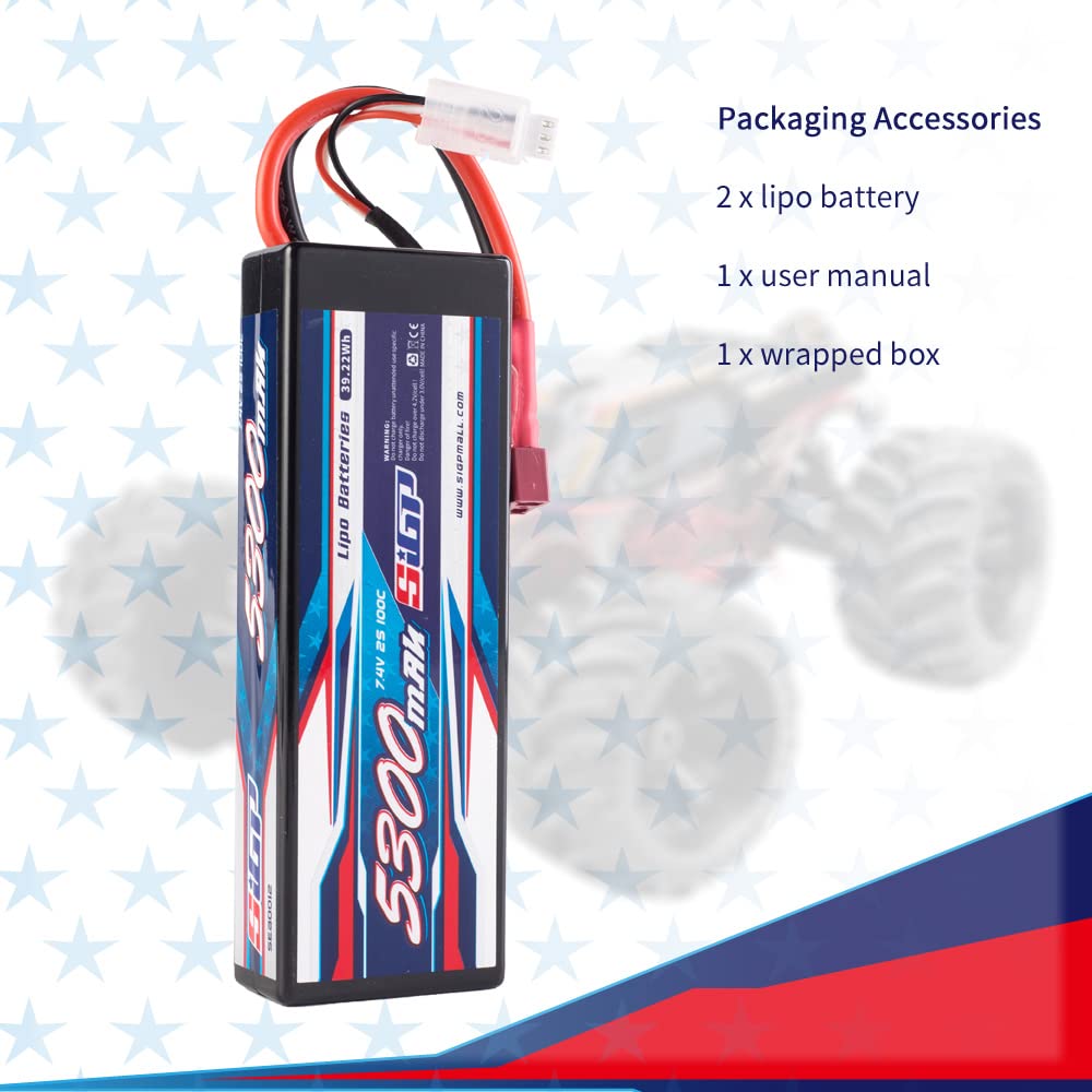 SIGP 2S 7.4V 5300mAh LiPo 100C T-Plug Hard Pack for RC Drones, Helicopters, Trucks, Truggys, FPV Racing, Two Packs