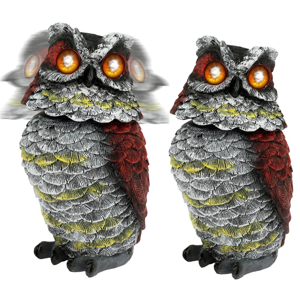 1/2Pcs Solar Owl Decoy Resin Pigeon Deterrent Owl Statue with Flashing Eyes and Rotating Head Garden Bird Scarer for Yard Lawn