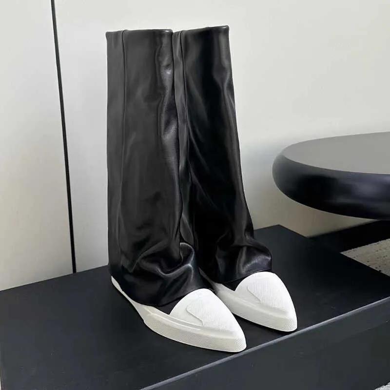 Women High Boots Flats Pointed Toe Leather Shoes 2024 Trend Winter Brand Ankle Boots Women Knee High Motorcycle Botas De Mujer