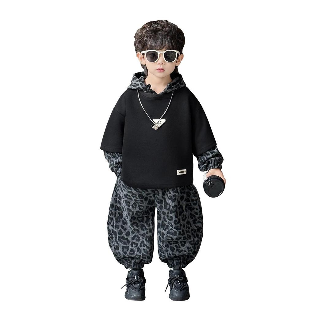 Boys' Trendy Leopard Sweatshirt Set - Autumn/Spring 2025 Fashionable Two-Piece Outfit for Toddlers