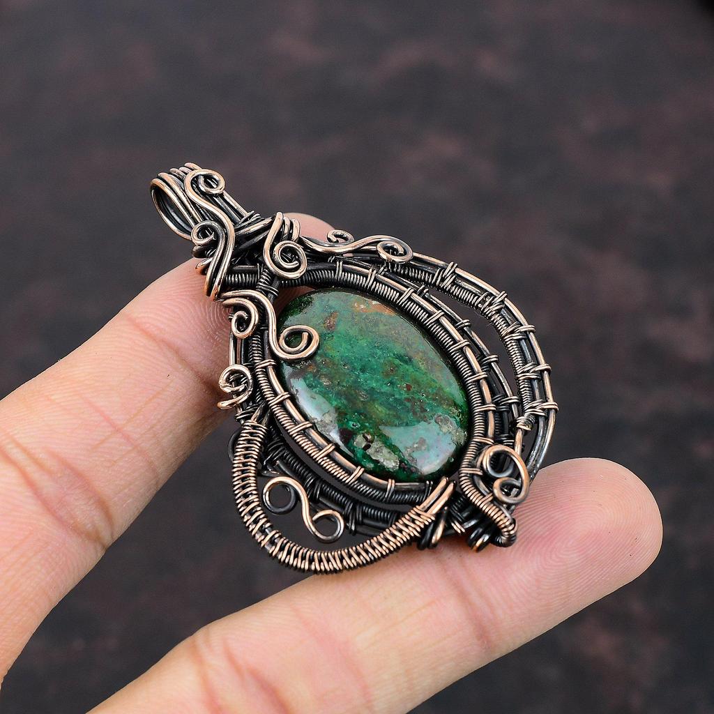 Подвеска из куприта и хризоколлы, чудесный кулон из драгоценного камня, подвеска из медной проволоки, подвеска ручной работы, дизайнерское ювелирное изделие из меди, подарок на помолвку
