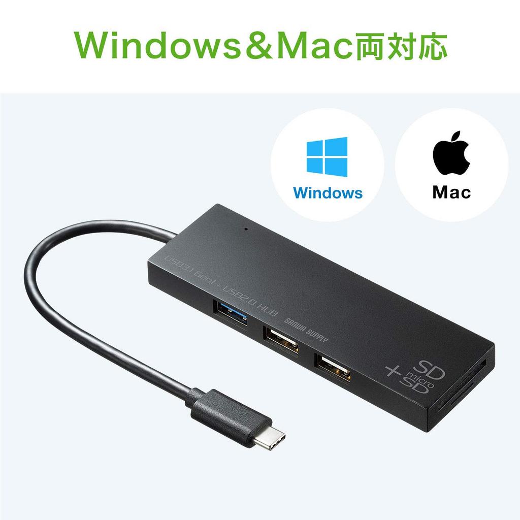 Sanwa Supply USB Hub Connection X 1 X 2 Card Reader Black Type-C (USB3.1/3.0 port/USB2.0 ports/SD card/microSD Included) USB-3TCHC16BK