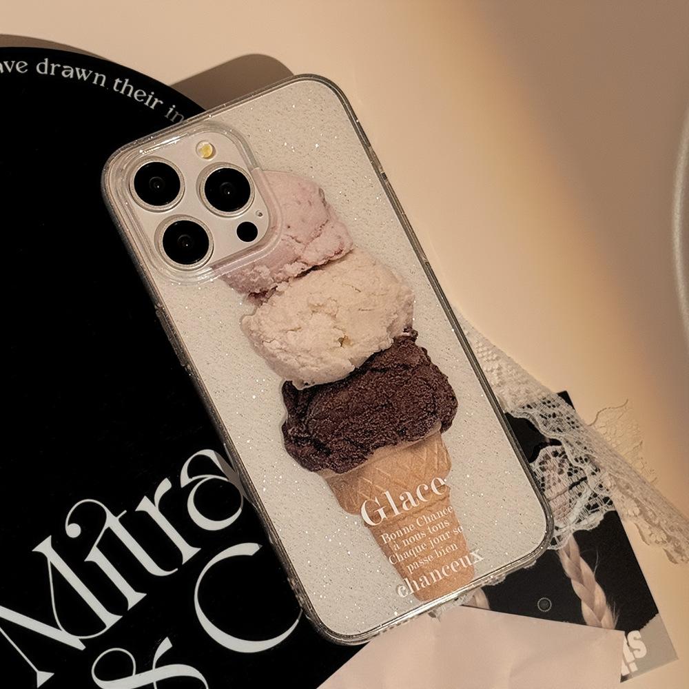 Ins-style transparent glitter case suitable for Apple 16 Pro Max, 17, niche ice cream iPhone 15, soft 11