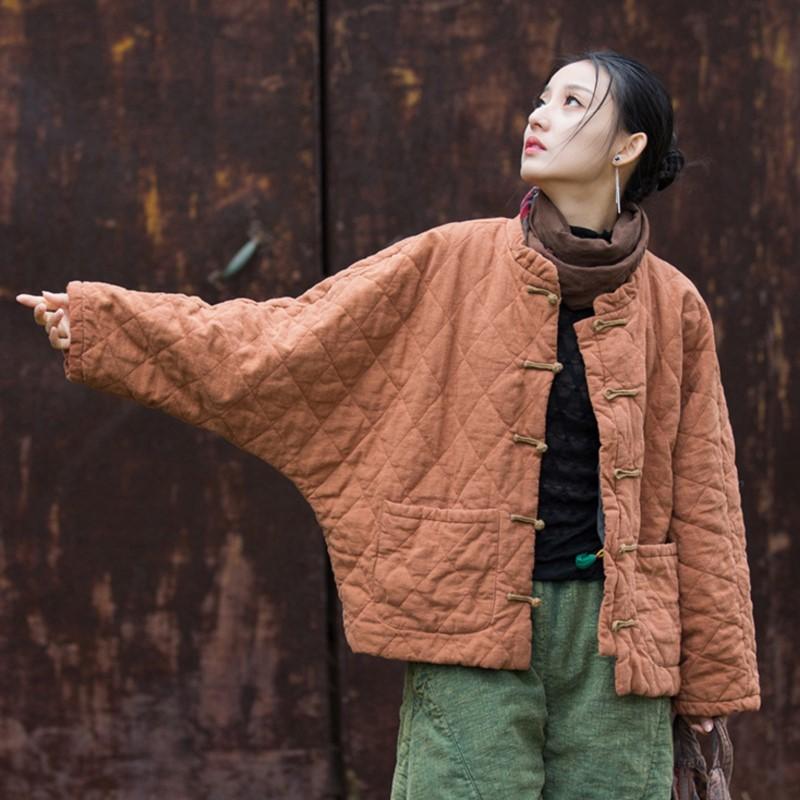 Johnature Женские винтажные зимние пальто с длинным рукавом и пуговицами, однотонные карманы, женские пальто в китайском стиле