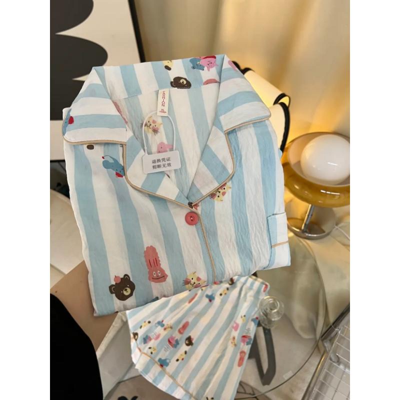 Print Striped Cartoon Dog Pajamas Set for Women V-neck Soft Y2K All-match 3 Piece Pajamas Set Autumn Winter New Casual Nightwear