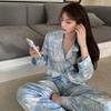 Autumn Ice Silk Women Pajama Lapel Button Cardigan Outfits for Women 2 Piece Set Fashion Printing Set Clothes