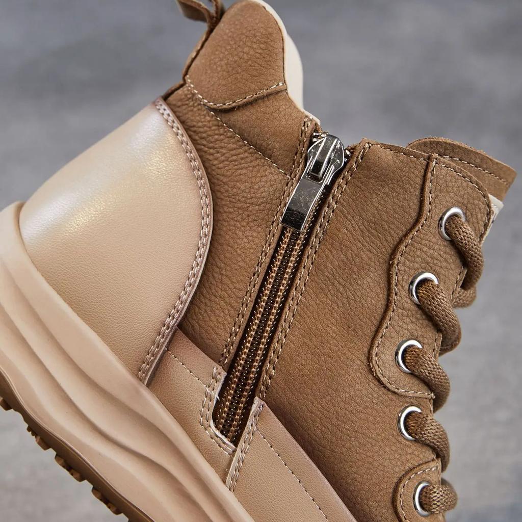 Johnature Ботильоны из натуральной кожи на толстой подошве в стиле ретро с боковой молнией, повседневные женские туфли на плоской платформе со шнуровкой