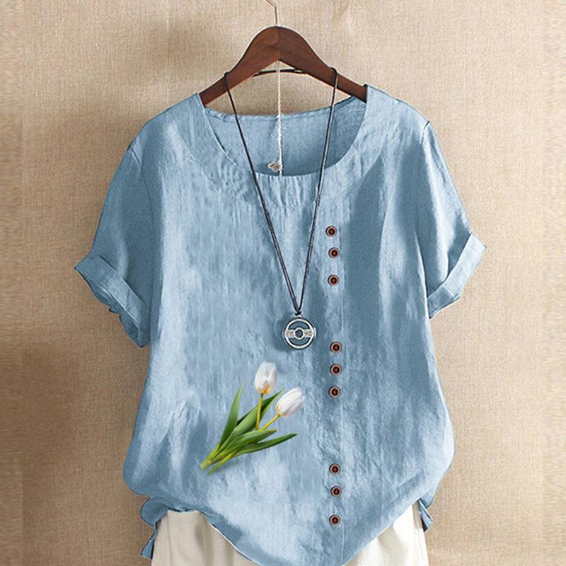 Women's Fashion Round Neck Short Sleeve T-shirt Casual Cotton Linen Graphic Shirt Leisure Loose Tulips Prined Summer Blouse Tops