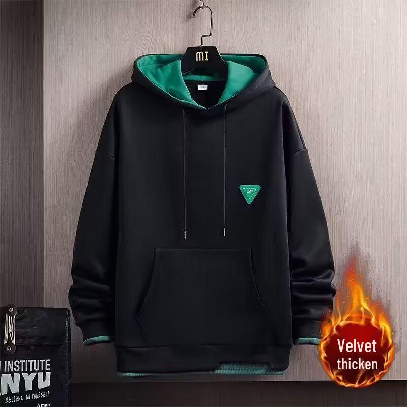 Men's Trendy Two-in-One Velvet Hoodie - Spring/Autumn Long-Sleeve Pullover with Sticker Design