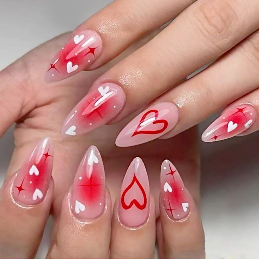 Sweet Heart Star Glossy Medium Almond Fake Nails 24Pcs Valentine's Day Blush Ombre Women's Press On Nails