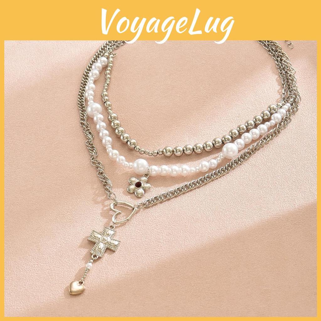 Vintage Heart Cross Pendant Necklace With Alloy Charm And Layered Floral Accents For Fashion