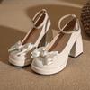 Bow Mary Jane Shoes Women's Round Head 2025 New Thick Heel Thick Sole Japanese Small One-word Buckle with High Heels