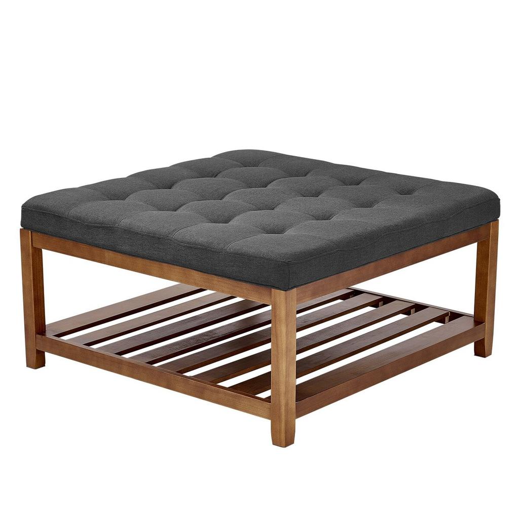 Large Square Ottoman Coffee Table, 34.5 Inch Tufted Coffee Table with Solid Wood Shelf Storage, Linen Solid Upholstered Footrest Ottoman for Bedroom