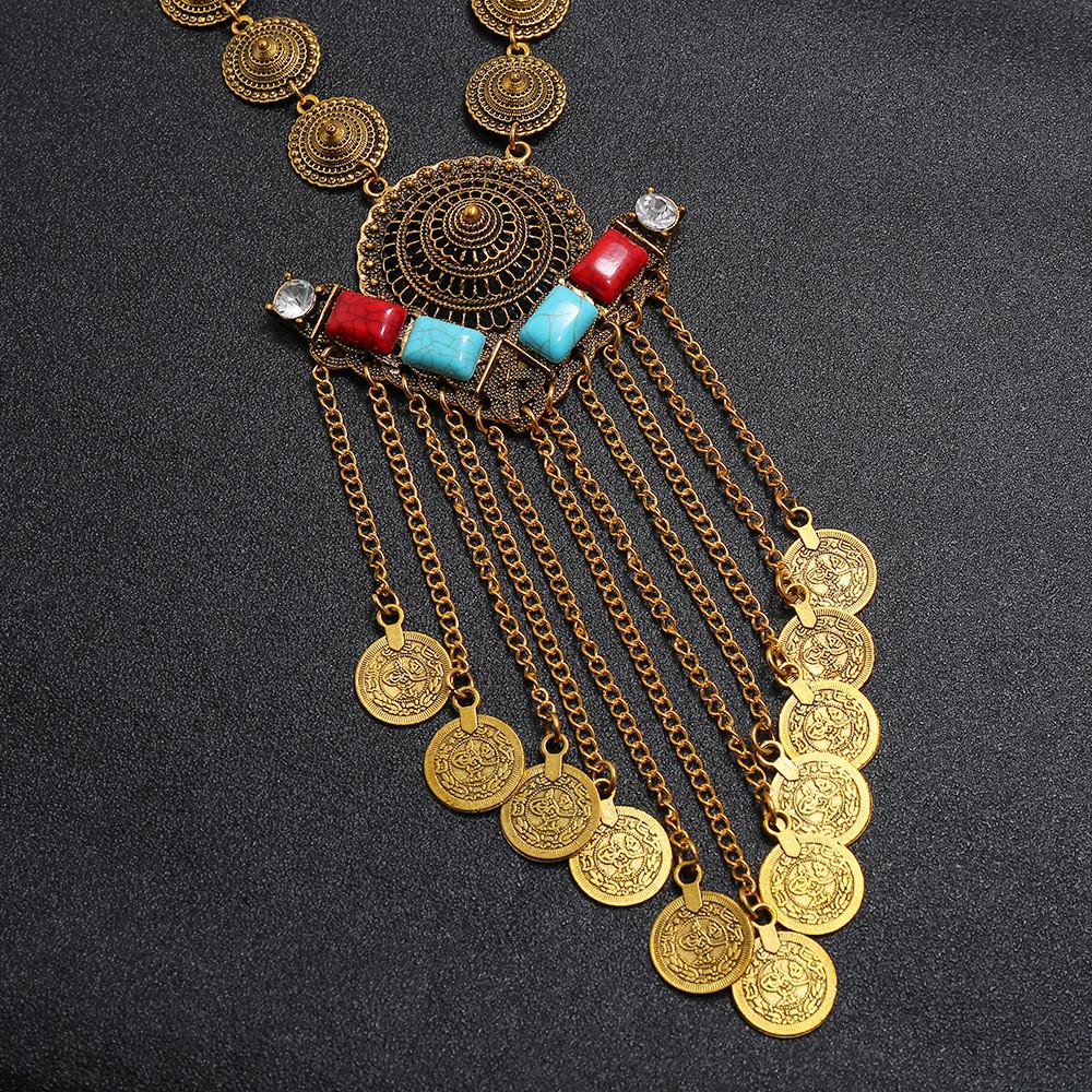 Retro Multilayer Women Coin Long Pendant Necklace With Alloy Waterfall Chain