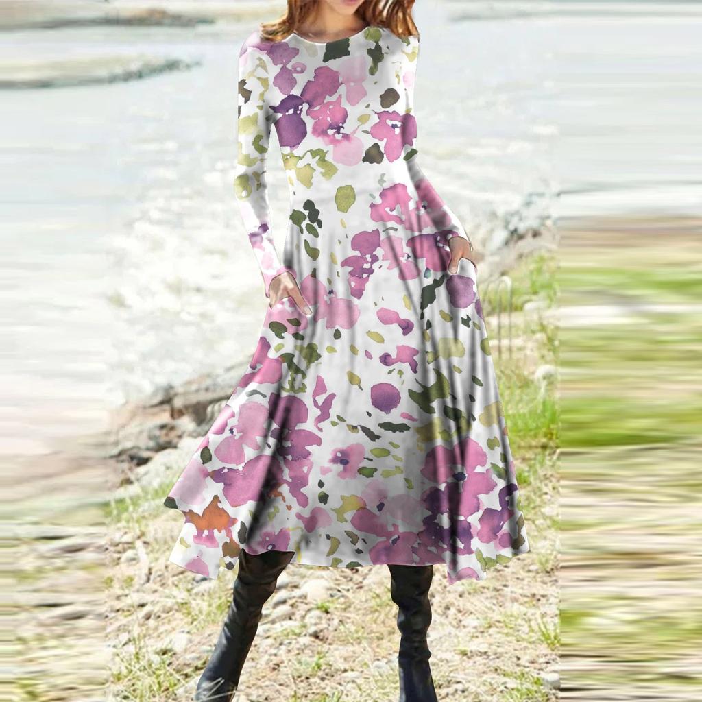 Women's Fashion Casual Printed Round Neck Pullover Slim Fitting Long Sleeve Dress