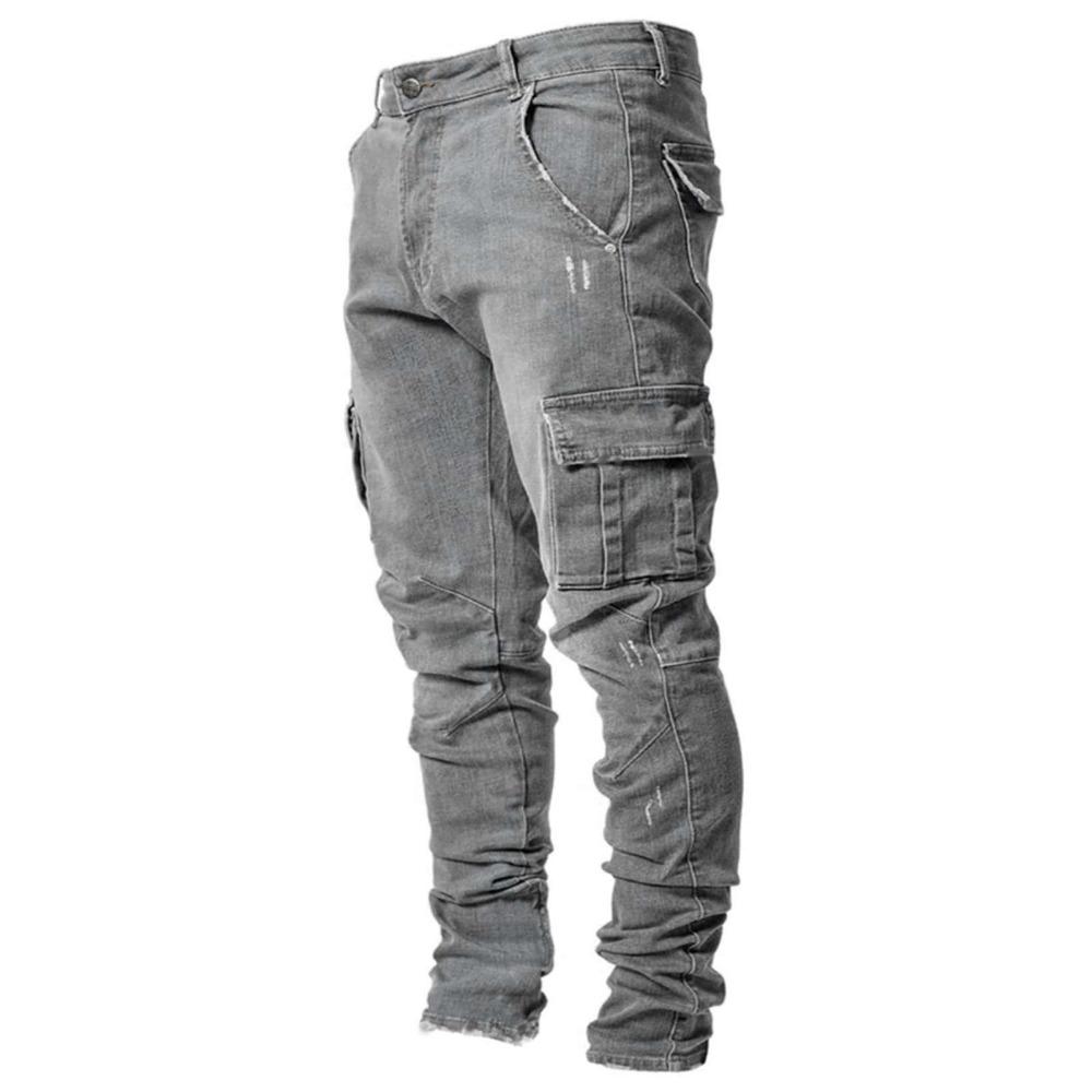 RogueWave Street Elastic Jeans Men Denim Cargo Pants Wash Solid Color Multi Pockets Casual Mid Waist Trousers Slim Fit Daily Wear Joggers