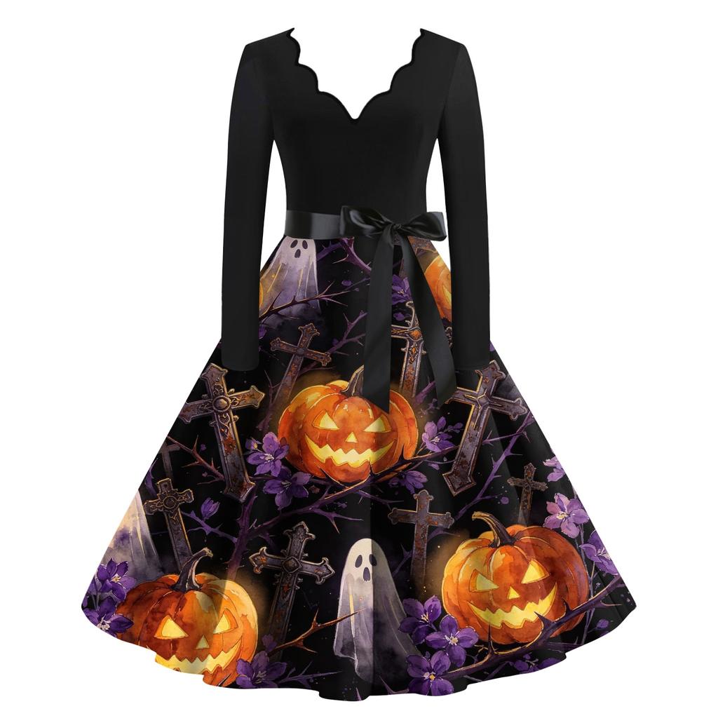Women's Halloween Printed Long Maxi Dress for Costume Party