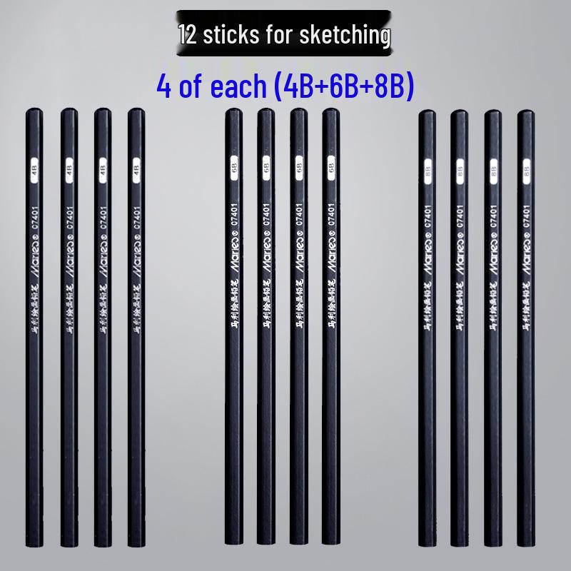 Mali Student Sketching & Drawing Pencil Set: Includes 2B, 4B, 14B soft, medium, hard, and charcoal pencils ideal for art exams.