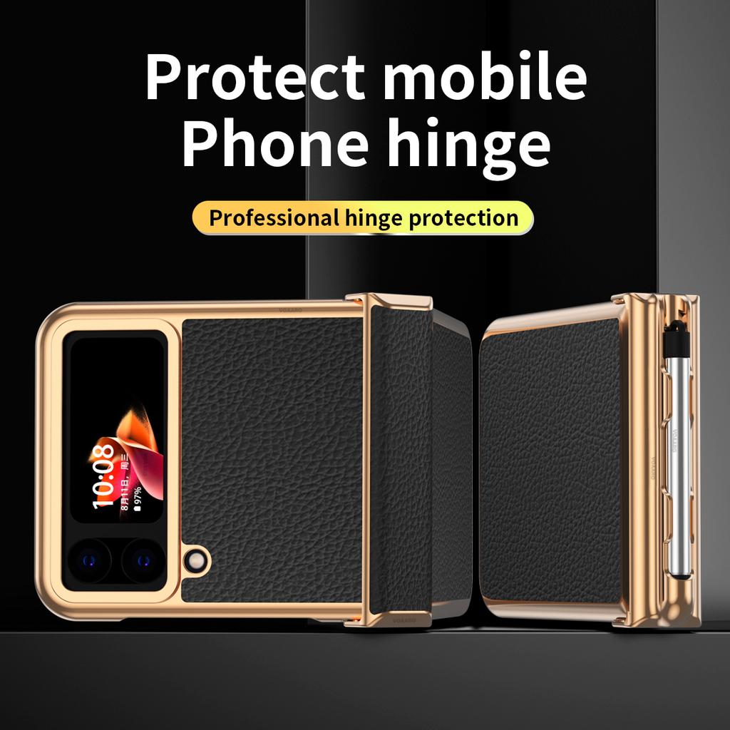 For Samsung Z Flip 4 Case Dual Hinge With Pen Slot Plating Leather Cover For Galaxy Z Flip 4 Hinge Case +Capacitance Touch Pen