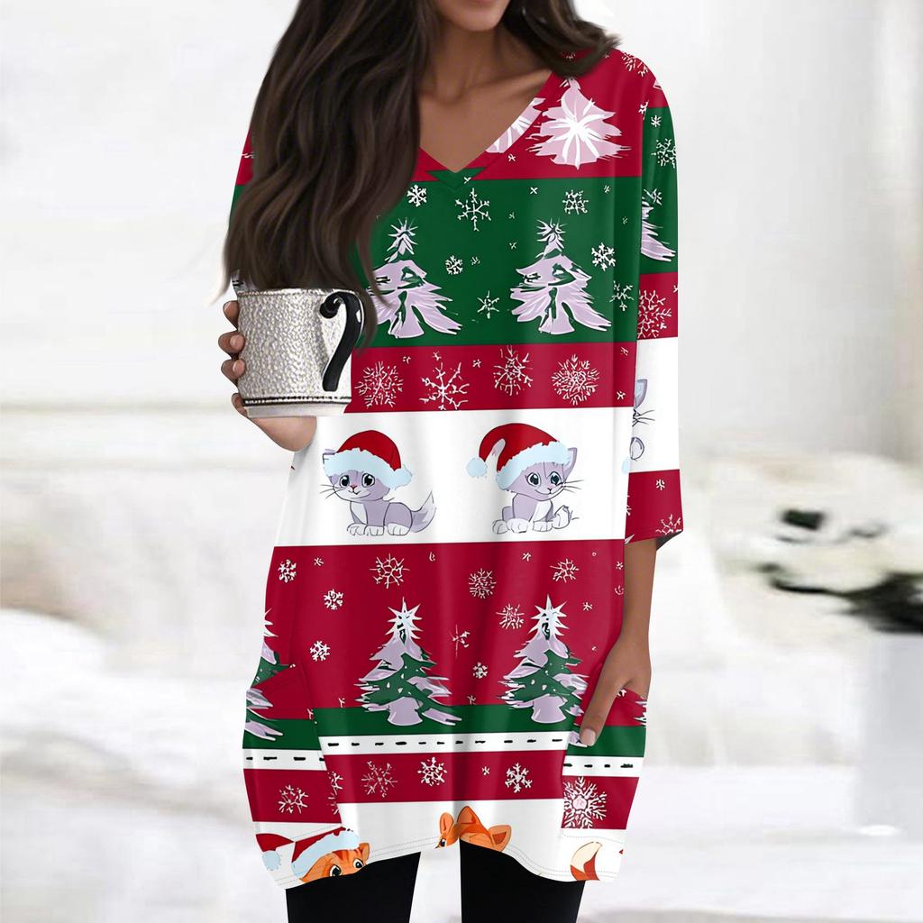 Женские топы с V-образным вырезом и рукавом 3/4, повседневные блузки средней длины, модные туники с рождественским принтом и карманами