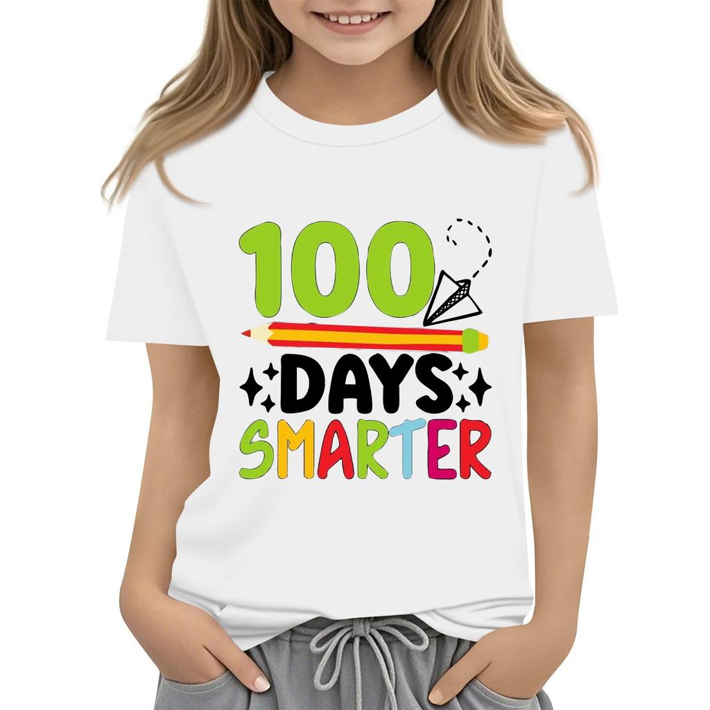 Happy 100th Day Of School Girls Boys Short Sleeve T Shirts Kids Tops Crewneck Tees