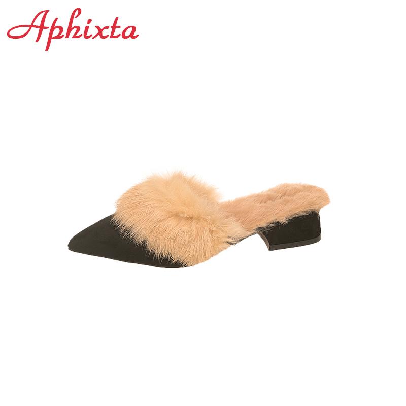 Aphixta Розовые Черные Теплые Настоящие Меховые Тапочки из Кроличьего Меха Женская Обувь Зима Острый Носок 3см Квадратный Каблук Дамские Домашние Шлепанцы Размер 41