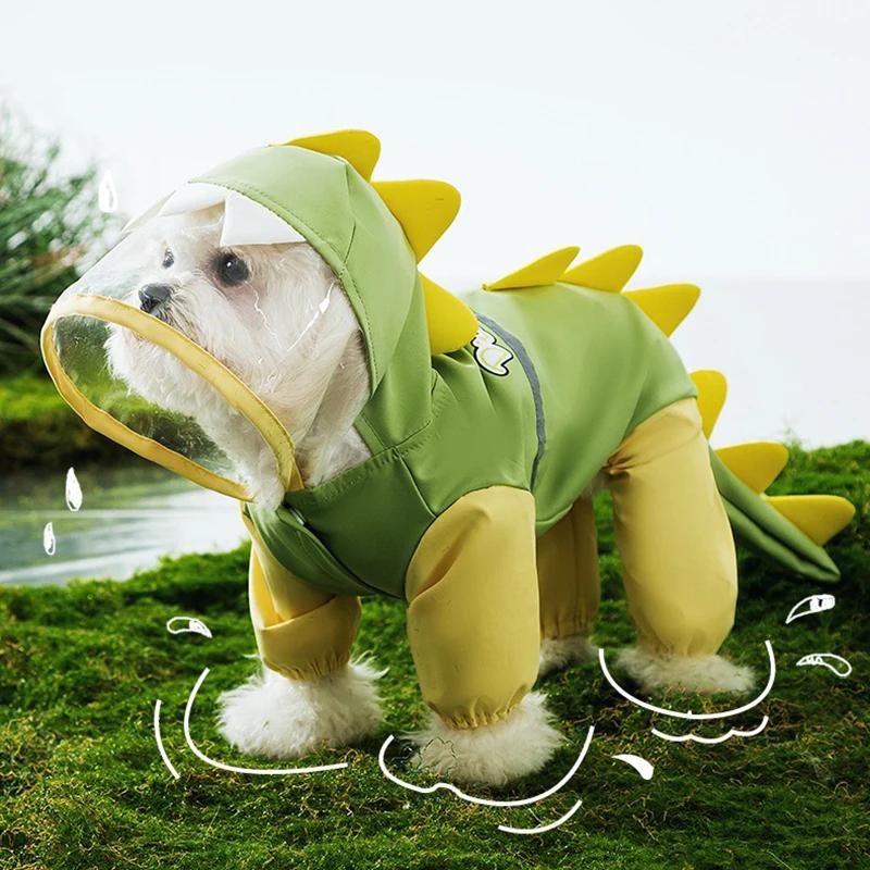 Teddy Cute Dinosaur Raincoat Leashable Bichon Frise Four Legs Waterproof Clothes Pet Rain Reflective Hoodie