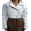Womens White Leather Cropped Biker Jacket With Zipper & Pocket | Zip On Sleeves | Belted Jacket | Snap On Collar