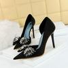 High Heels Slim Heels Shallow Mouth Pointed Side Hollow Fabric Surface Ultra High Heels Rhinestone Bow Single Shoes