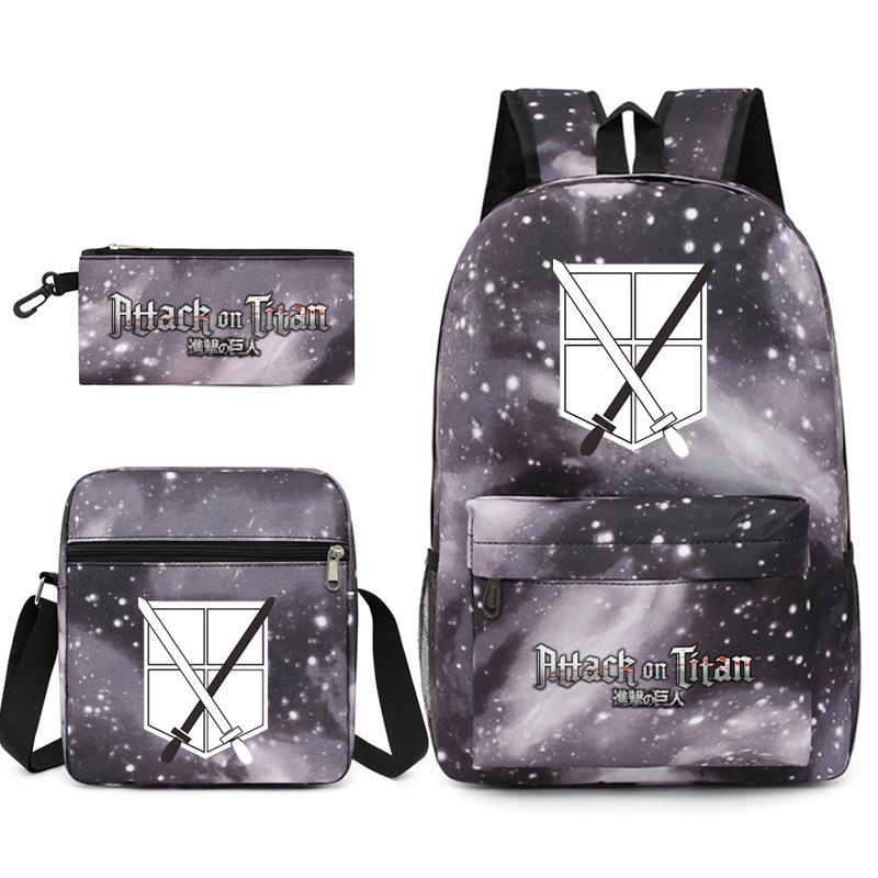 Attack On Titan 3-Piece Backpack Set Printed Canvas Laptop Bag Student Anime