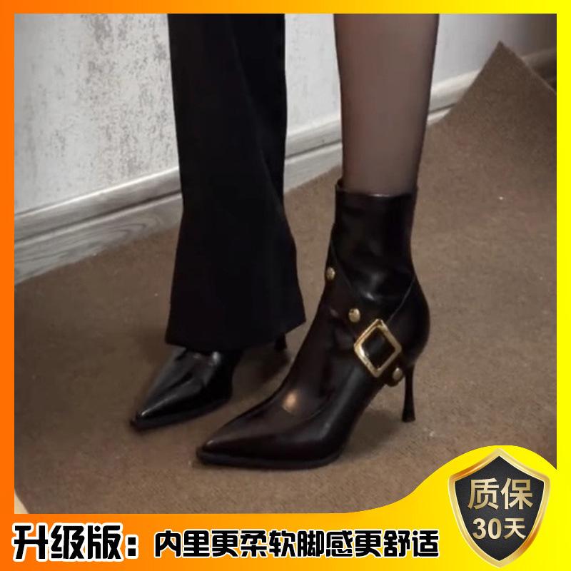 New Chinese temperament women's niche design pointed short boots thickened buckle high heel fashion boots side zipper spring and autumn