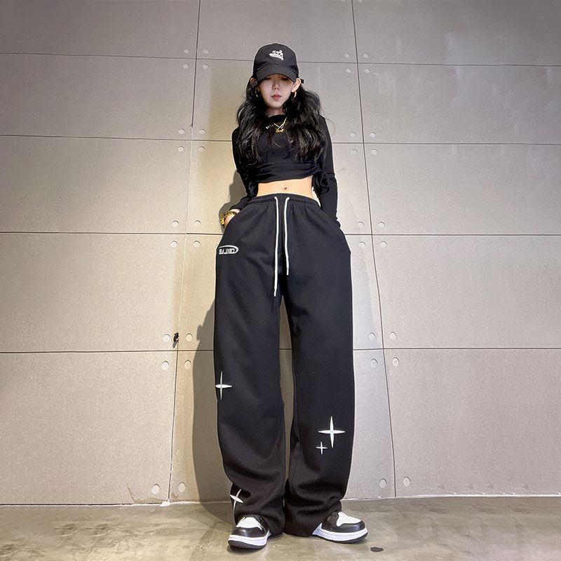 Черные спортивные штаны для бега в стиле Харадзюку со звездным принтом, женские базовые спортивные брюки с широкими штанинами в корейском стиле, большие спортивные штаны Kpop для бега