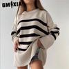 Knit Fall Winter Casual Striped Loose Crew Neck Pullover Sweater Coat for Women