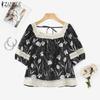 ZANZEA Women Lace Splice Square Collar Summer Short Sleeve Floral Blouse