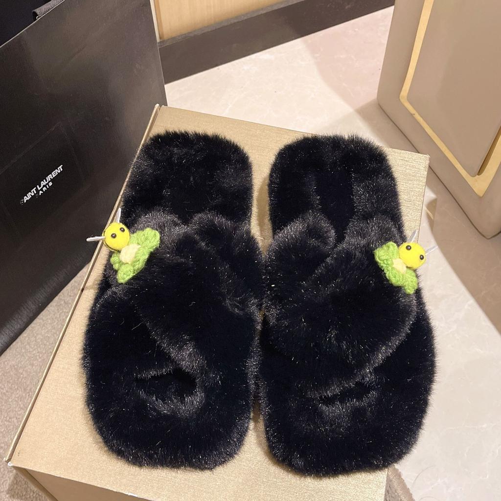 Женские домашние повседневные пушистые тапочки Little Bee для дома, женские шлепанцы, пушистая обувь, перекрестные слайдеры, женские мягкие плюшевые тапочки 2024