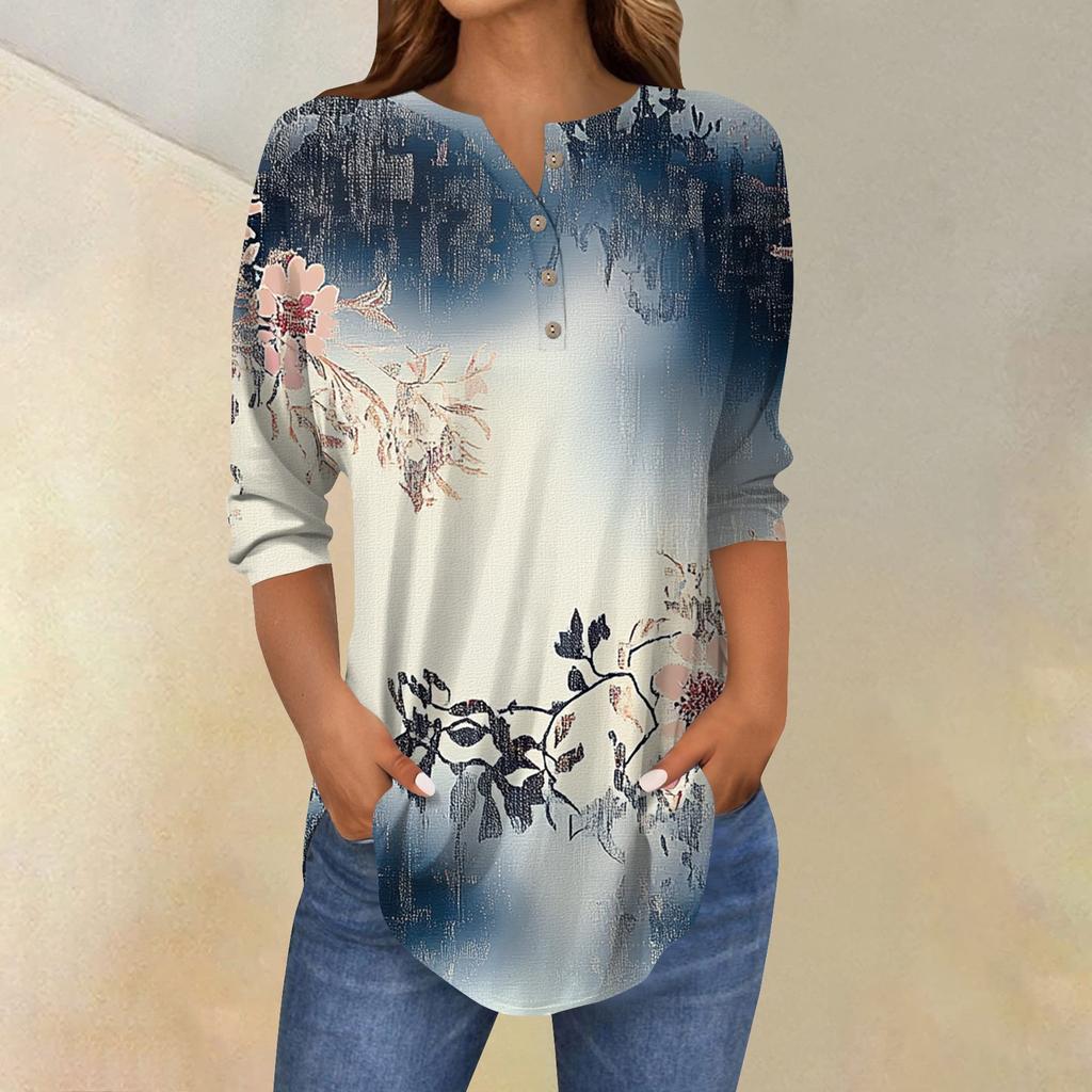 Женская мода свободный воротник на пуговицах с принтом рукав 3/43/4 футболка топы пуловер