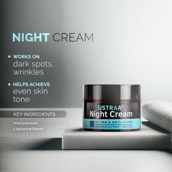 Ustraa Bright Night Kit - Пенящееся средство для умывания - Для чувствительной кожи - 150 мл | Удержание влаги | с керамидами и ночным кремом - De-tan