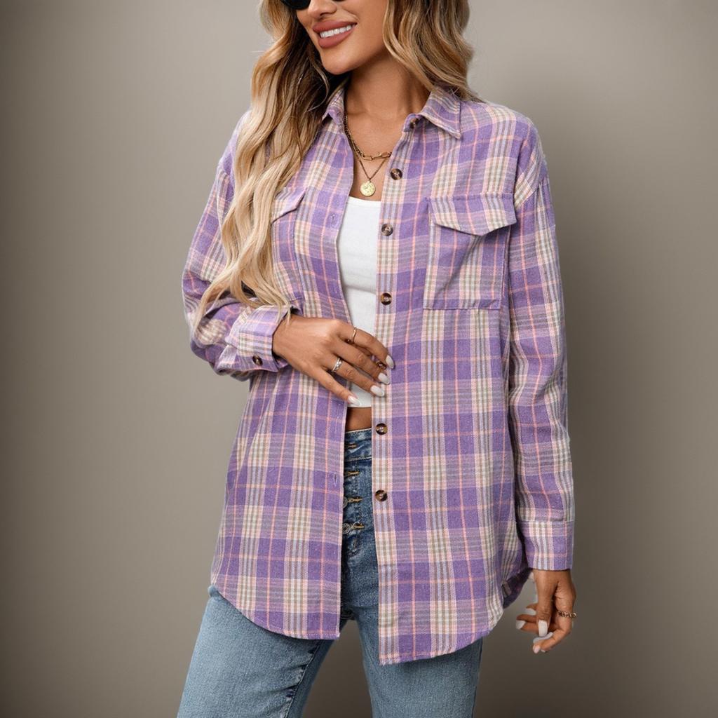 Женская повседневная модная свободная клетчатая рубашка с карманом, топы с длинным рукавом