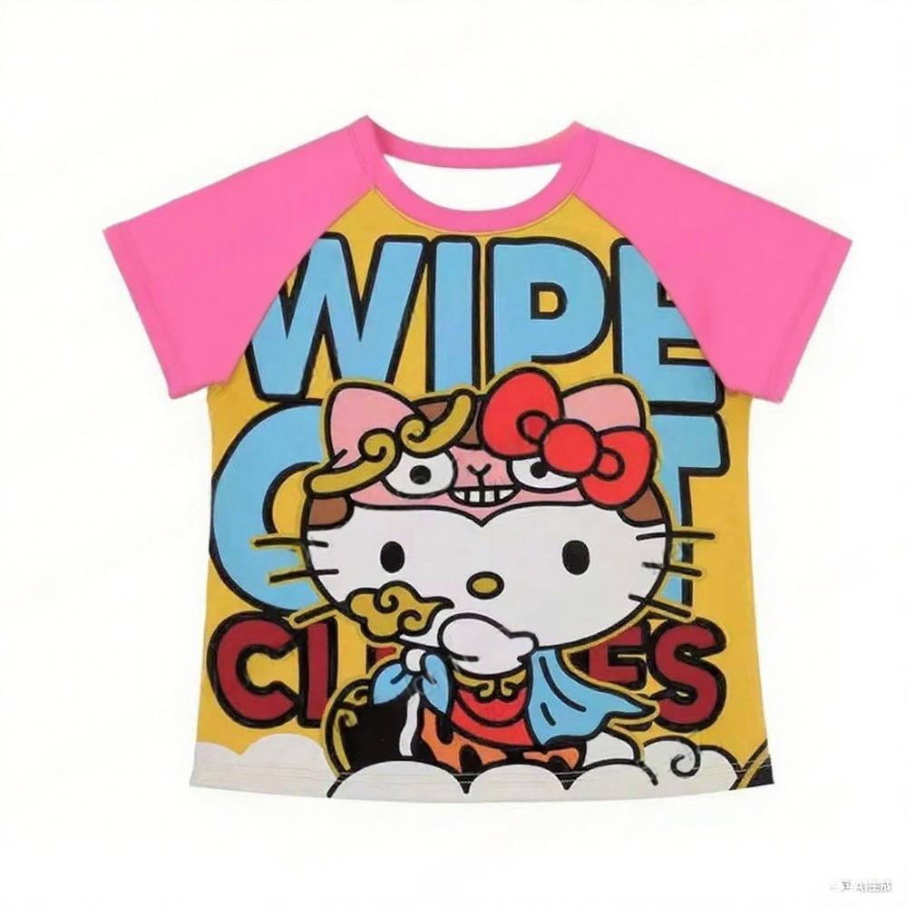 2026 New Kids Hello Kitty Anime Fashion Short Tops Y2k Summer Cute Tees Cartoon Printed High Street Gothic Short Sleeve T-shirts