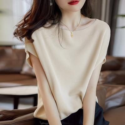 Футболка с коротким рукавом Ice Silk для женщин, весна-лето, стильные рукава «летучая мышь», свободный крой, тонкие трикотажные топы