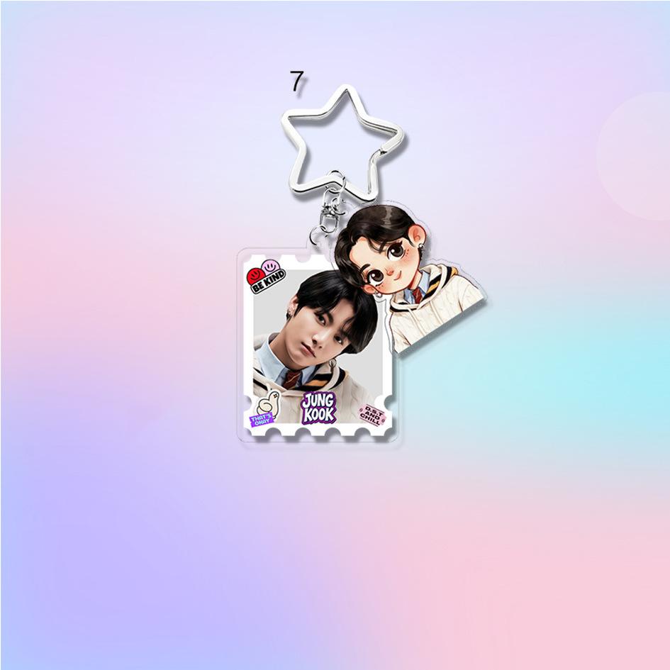 Акриловый брелок BTS, Bangtan Boys, Реальное фото + Мультяшная фигурка, Двойной брелок со звездочкой, K-pop, Фанаты ARMY, Шарм для сумки