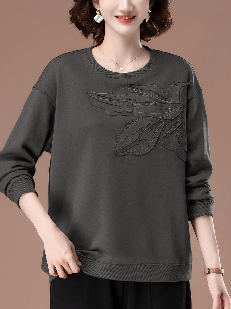 Plus Size Casual Sweatshirt for Middle-Aged Women - Early Autumn Round Neck Top