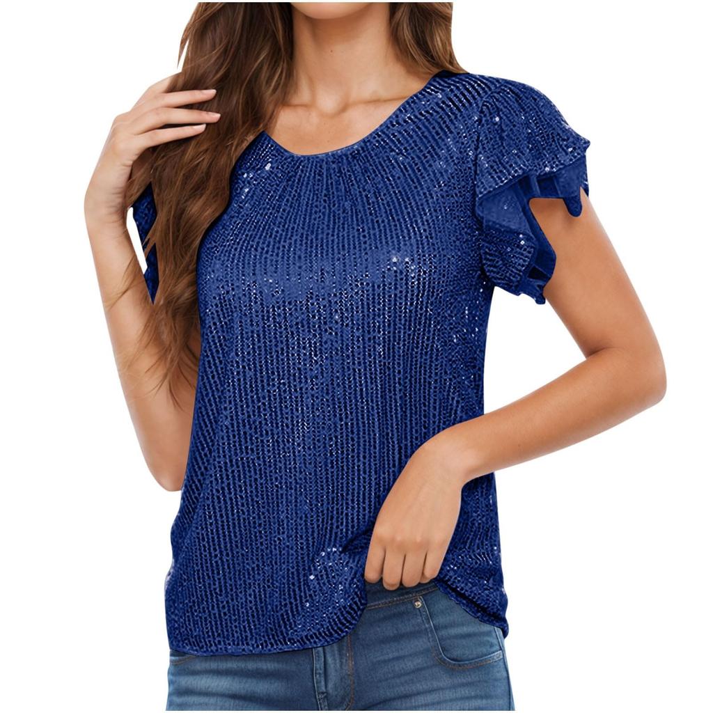 Women's Fashion Solid Color Round Neck Ruffle Sleeve Sequins Casual Blouse Tops