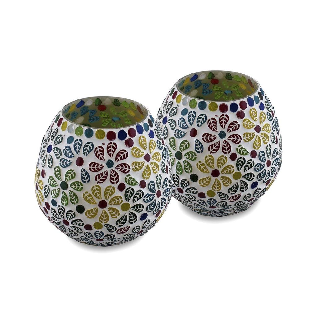 Tealight Candle Holders for Home Decor, Mosaic Glass, Flowers Diwali Decoration Items Pack of 2 Latest